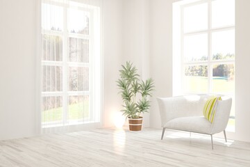 White living room with armchair. Scandinavian interior design. 3D illustration