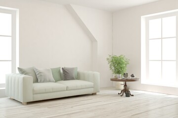 White living room with sofa. Scandinavian interior design. 3D illustration