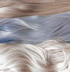 Wigs synthetic and natural hair. Blonde and ash blonde hair. Womens beauty concept