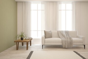White living room with sofa. Scandinavian interior design. 3D illustration