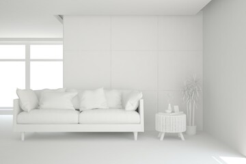 White minimalist living room with sofa. Scandinavian interior design. 3D illustration