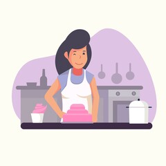 Woman is cooking a cake, cartoon cook chef illustration for website, poster, pamphlet or any design	