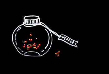 Cooking ingredient pin pepper inside of hand drawing container in white chalk on black chalkboard. Isolated, free copy space. flat lay. Concept of cooking and fresh ingredients, spices.