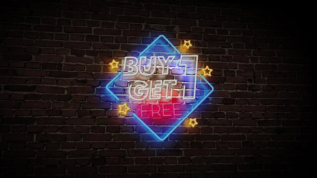 3D Rendering Buy One Get One Free Neon Sign with a Brick Wall Background
