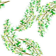 Obraz premium Seamless vintage pattern, blue flowers, Plant in watercolor. Mimosa,juniper, acacia and other plants on a branch. Blossoming acacia or caragana tree. Fashionable background. Abstract splash of paint. 