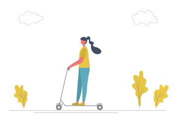 Girl riding an electric scooter. There is also plants and clouds in the picture. Healthy lifestyle concept. Flat style. Vector illustration