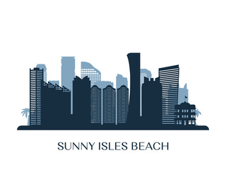Sunny Isles Beach skyline, monochrome silhouette. Vector illustration.