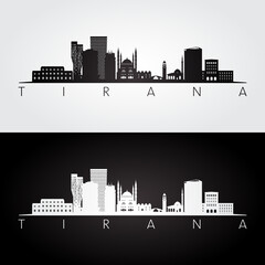 Tirana skyline and landmarks silhouette, black and white design, vector illustration. © greens87