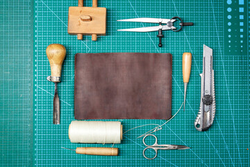 Top view of Leather work tools.