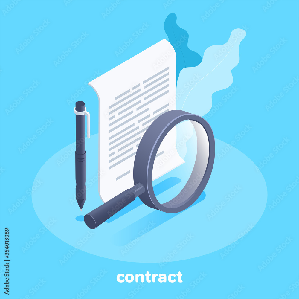 Poster isometric vector image on a blue background, a icon in the form of a sheet of paper with a pen and a