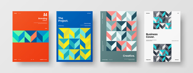 Fototapeta premium Company identity brochure template collection. Business presentation vector A4 vertical orientation front page mock up set. Corporate report cover abstract geometric illustration design layout bundle.