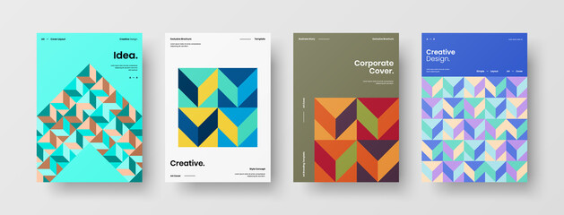 Company identity brochure template collection. Business presentation vector A4 vertical orientation front page mock up set. Corporate report cover abstract geometric illustration design layout bundle.