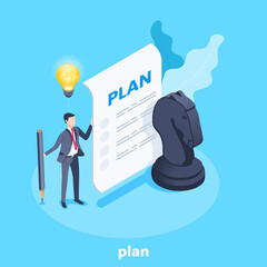 isometric vector image on a blue background, a man in a business suit holds a sheet of paper with a plan and a horse chess piece
