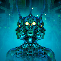 The oracle sees all / 3D illustration of science fiction robotic artificial intelligence with three faces © grandeduc