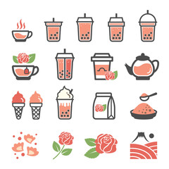 Rose icon set. Rose tea, pearl milk tea, Bubble Milk tea, rose water drink.