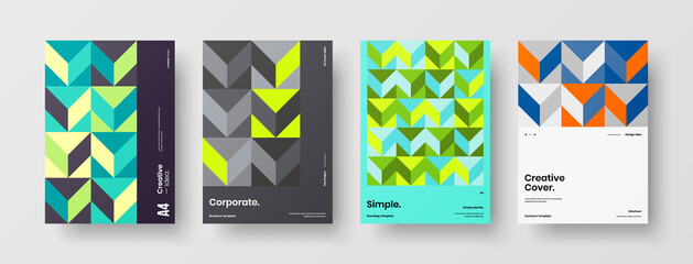 Fototapeta premium Company identity brochure template collection. Business presentation vector A4 vertical orientation front page mock up set. Corporate report cover abstract geometric illustration design layout bundle.