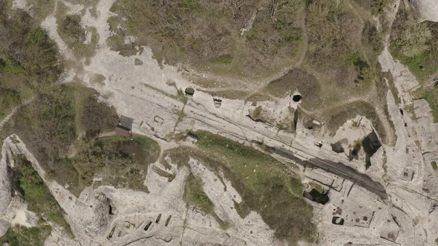 Cave city Eski-Kermen, near the city of Bakhchysarai, Crimea. Aerial footage 4k