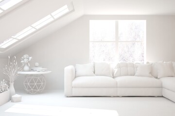 White minimalist living room with sofa. Scandinavian interior design. 3D illustration