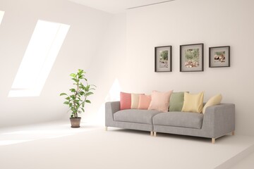 White living room with sofa. Scandinavian interior design. 3D illustration