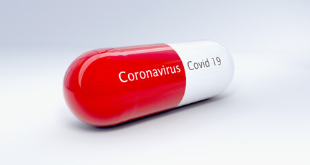 COVID-19 Medicine or Coronavirus Medicine. Capsule medicine for pandemic protection COVID-19, 3D illustration.