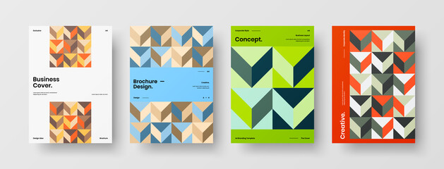 Fototapeta premium Company identity brochure template collection. Business presentation vector A4 vertical orientation front page mock up set. Corporate report cover abstract geometric illustration design layout bundle.