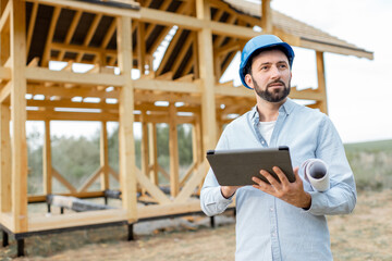 Naklejka na ściany i meble Architect or builder using digital touchpad on the construction site outdoors. Concept of building and designing wooden frame house