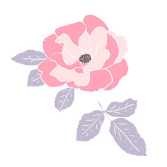 Wild pink rose flower and leaf with white outline. Hand drawn floral clip art for postcards or logo. Design for  stickers. Stock vector illustration isolated on white background.