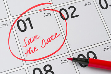 Save the Date written on a calendar - July 1