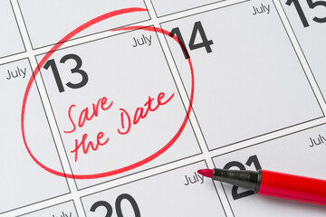 Save the Date written on a calendar - July 13