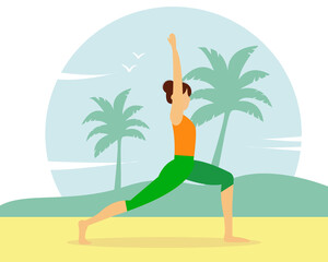 Woman doing yoga on the beach. Illustration of the concept of a healthy lifestyle, physical exercise, yoga. Vector illustration in flat style.