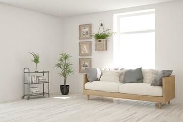 White living room with sofa. Scandinavian interior design. 3D illustration
