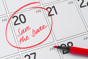 Save the Date written on a calendar - July 20