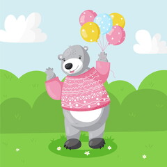 Cartoon cute bear with balloons, for kid's or baby's t shirt design, fashion print, graphic, kids wear.