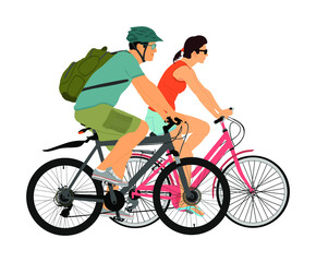 Happy couple in love riding bicycle vector illustration isolated on white background. Outdoor after work relaxing in nature. Boy and girl on date. Woman and man with backpack and helmet enjoy in drive