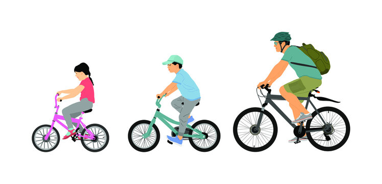 Fathers day, happy family people vector illustration isolated on white background. Father with son and daughter riding bicycle. Dad with children driving bike. Little boy and girl outdoor.