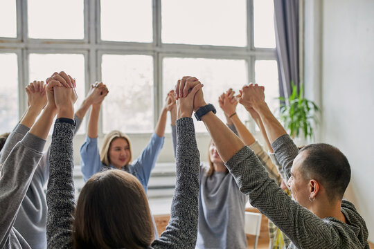 Friendly Members Of Alcoholics Club Raised Their Hands Up, They Are Going To Get Rid Of Common Problem