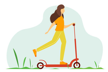 Happy young girl rides a scooter in the Park. Colorful vector illustration in a flat cartoon style.