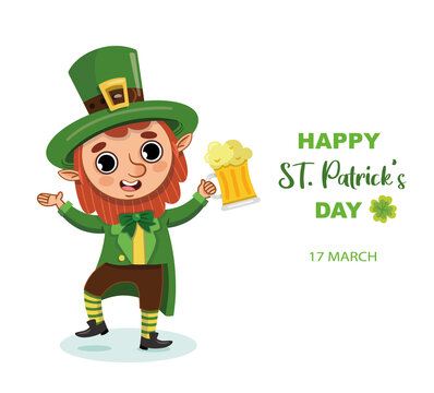 St. Patrick’s Day  vector illustration with cartoon leprechaun character.