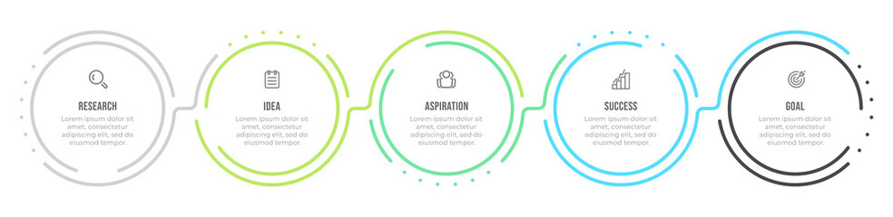Vector Infographic design template with marketing icons and 5 options, steps or processes. Can be used for workflow diagram, annual report, info chart, web design.
