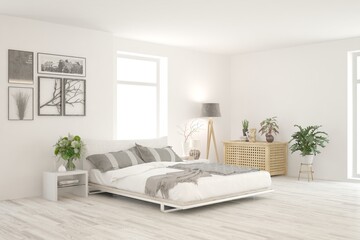 White bedroom interior. Scandinavian design. 3D illustration
