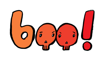 Boo text sign. Vector design element logo template. Two skulls in doodle hand-drawn style. Grunge icon.