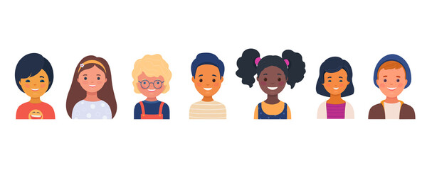Set of smiling kindergarten kids characters. Preschool children of different races. Little boys and girls cartoon avatars. Vector illustration in flat style