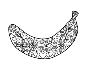 One banana with a symmetrical abstract floral ornament of hearts coloring page on a white background