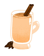 Homemade traditional Christmas eggnog drink with ground nutmeg and cinnamon in the glass isolated on white background vector hand-drawn doodle illustration.