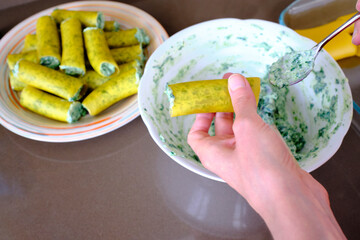Homemade preparation of typical Italian cannelloni with ricotta and spinach.