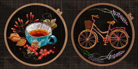 Bicycle, lavender flowers, cup of tea and autumn leaves. Embroidery collection. Fashion template tambour frame with a canvas, elements from stitches. Art for clothes, textile
