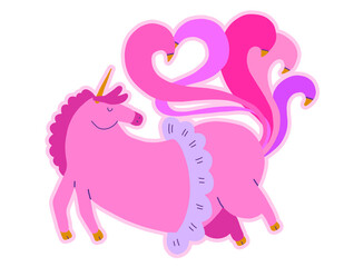Cute Fat Flying Unicorn Cartoon Baby Animal Vector Pink Color with Heart Tale and Ballerina pack. Girl Sport character, perfect for child's greeting card design, t-shirt print, inspiration