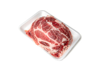 slice pork in tray foam on white background