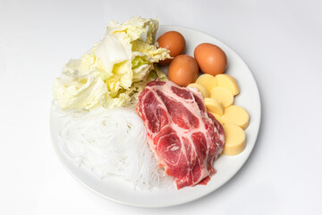 pork vermicelli vegetable egg shrimp tofu in white dish