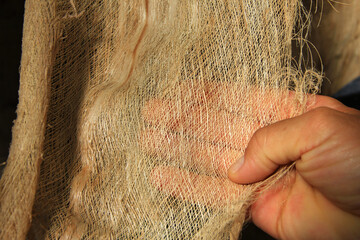 dried banana leaf with a clear weave of fibers and texture stretched in the male palm